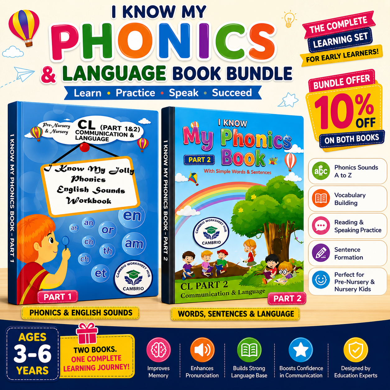 Phonics & Communication Bundle Part 1 + 2 (Ages 3-6) | Jolly Phonics Workbook Pakistan