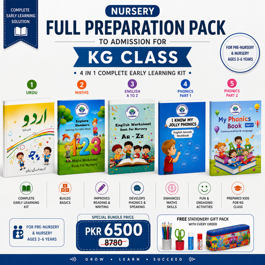 K.G Preparatory Pack — Phonics Part 1 & 2 + Nursery English, Urdu & Maths Bundle